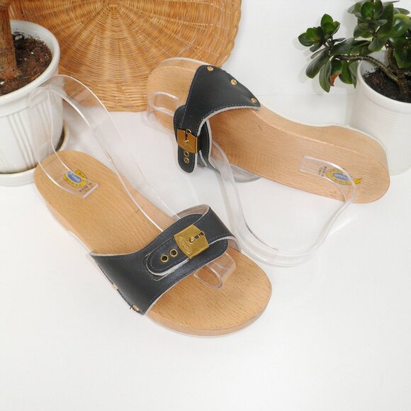 Vintage The Original Dr. Scholl's Exercise Sandals Black Wooden Sole Size 8 - Picture 4 of 9